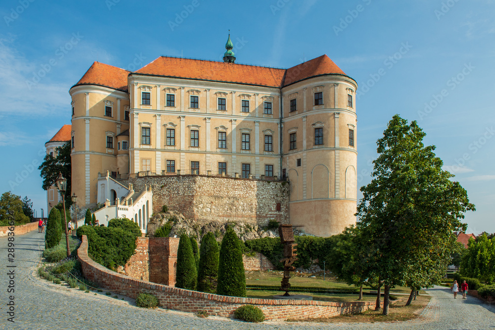 Mikulov Castle. Beautiful general view. Bright contrasting tones. Mikulov, Czech Republic.