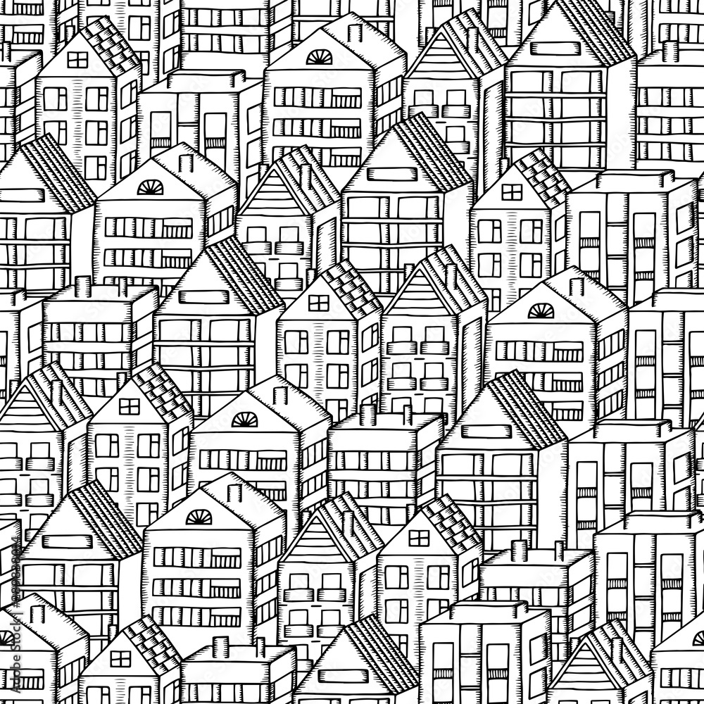 Doodles houses seamless pattern. City pattern in black and white hand drawn houses.
