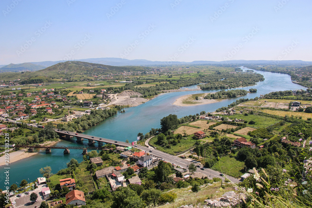 View of Drin River and Skhoder City from Rozafa Castle. Albania. Europe.
