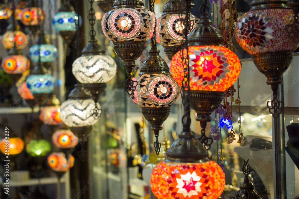 Turkish lamps. Colored glass mosaic lights on the market in Istanbul. Decorative art of the East.