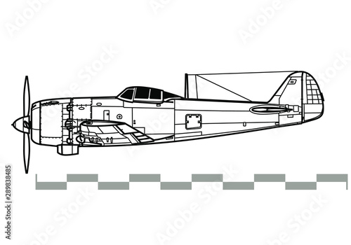Nakajima Ki-84 Hayate. Frank. Outline vector drawing