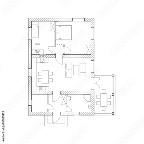Suburban house interior. Black and White floor plan of a modern apartment. Vector blueprint. Architectural background.