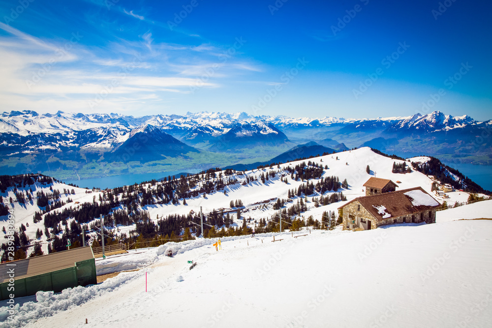 Panorama of Lake Lucerne and Alps mountains from the top of Rigi Kulm, Switzerland