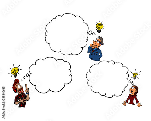 Three cartoon characters - creativity and ideas with empty thought cloud color 02