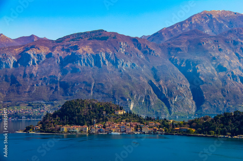 Elevated, panoramic and distant view of Bellagio, famous destination on Como lake in Italy
