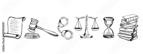 Law and Justice icons set. Hand drawn illustration