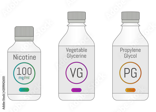 PG, VG and Nicotine bottles. Components for DIY vaping liquid. 