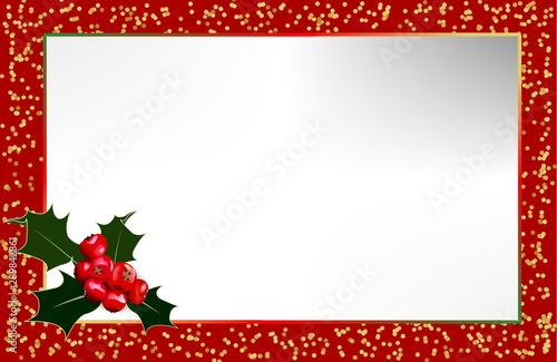 christmas background with frame and holly berries on glitter and red background.