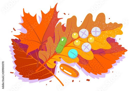 Pills and tablets on red falling leaf. Antidepressants, autumn cold and flu. Flat vector illustration on white isolated background.