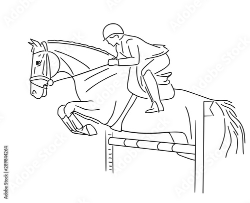 A young, rider on horse leaping over a hurdle