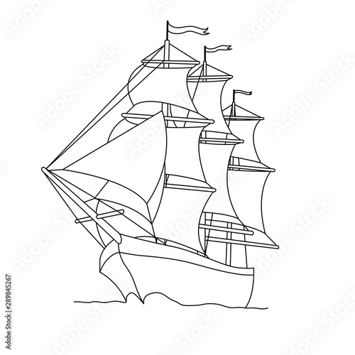 Sea Ship, Sail Boat in the Sea. Vintage Wind Ship Transportation and Travel