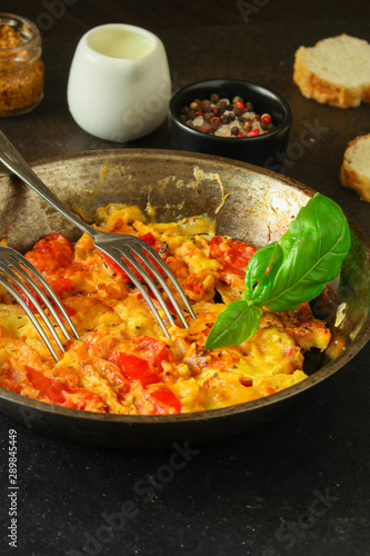scrambled eggs  tomatoe - breakfast delicious and healthy, menu concept. food background. copy space