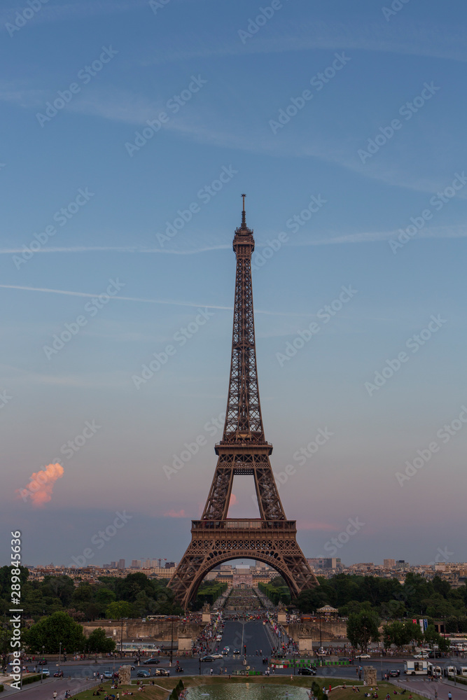 Eiffel Tower, a wrought-iron lattice tower on the Champ de Mars in Paris, France, photographed from the Trocadero at the golden hour.