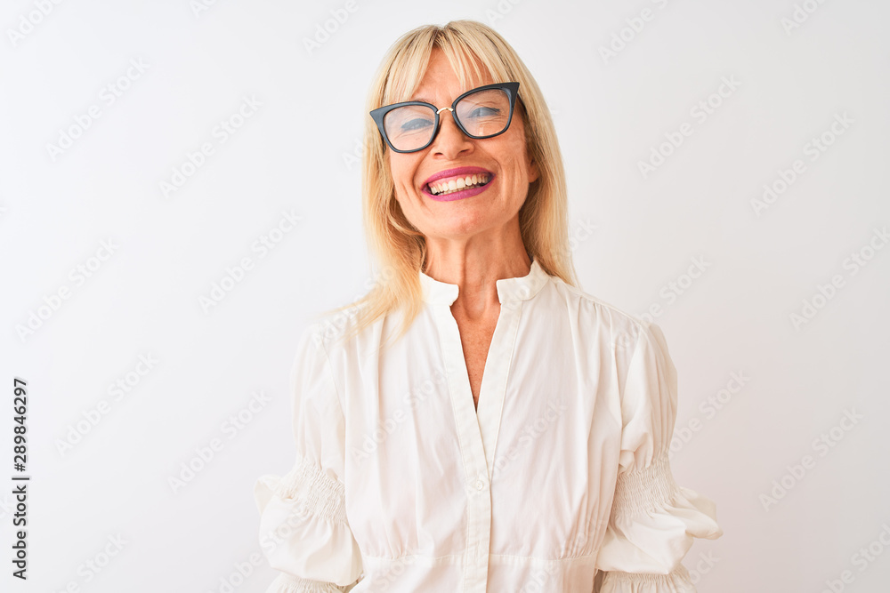 Middle age businesswoman wearing shirt and glasses standing over isolated white background with a happy face standing and smiling with a confident smile showing teeth