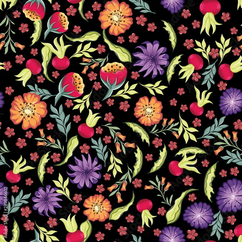 vector drawings of handdrawn seamless pattern with leaves and cute wild flowers on a black background