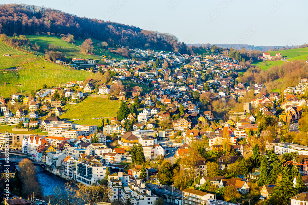 Sunset over the town of Ennetbaden in Switzerland
