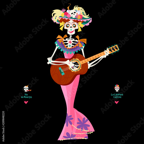 La Calavera Catrina playing guitar. Elegant Skull. Dia de Muertos (Day of the Dead). Mexican tradition.