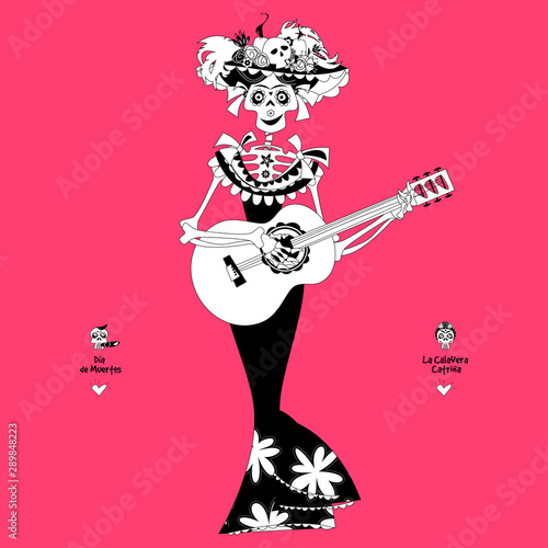 La Calavera Catrina playing guitar. Elegant Skull. Dia de Muertos (Day of the Dead). Mexican tradition. Black and white.