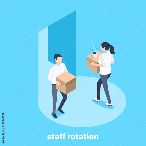 isometric vector image on a blue background, a man with a box comes out of the door and a girl comes in, staff rotation at work