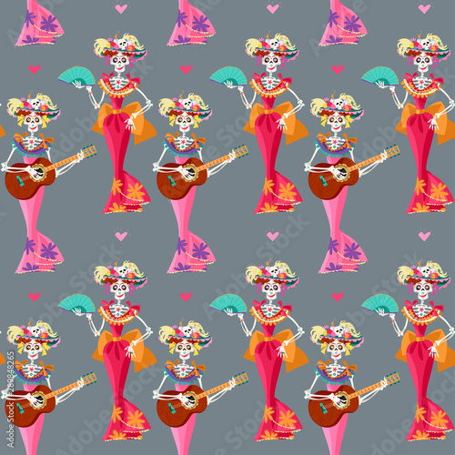 La Calavera Catrina. Elegant Skull. Dia de Muertos (Day of the Dead). Mexican tradition. Seamless background pattern.