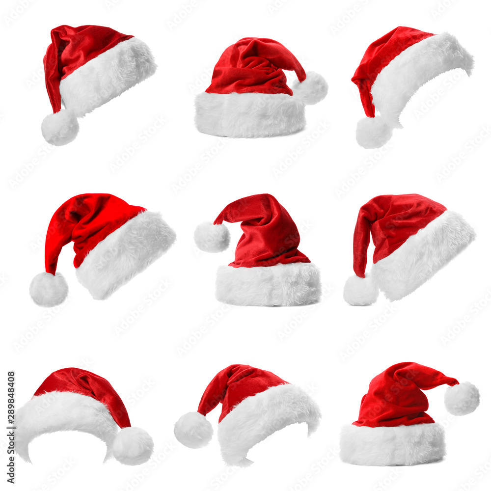 Set of red Santa Claus hats on white background Set of red Santa Claus hats on white background