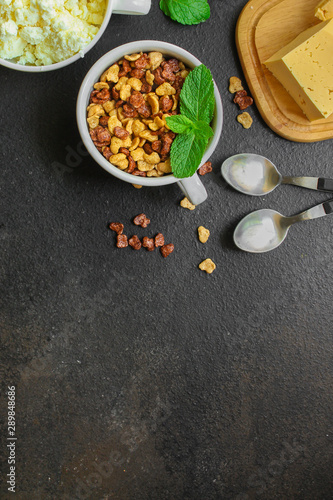 breakfast, cornflakes, coffee, cottage cheese others - delicious and healthy, menu concept. food background. copy space
