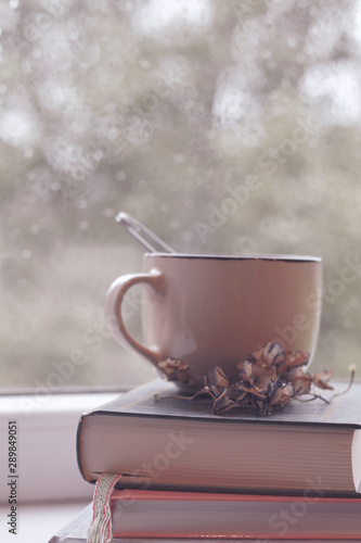 mug of tea on pile of books and window with raindrops on background