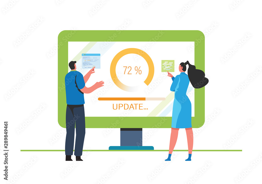 System updates with people updating operation in computing and installation programs. Flat vector illustration modern character design. For a landing page, banner, flyer, poster, web page.