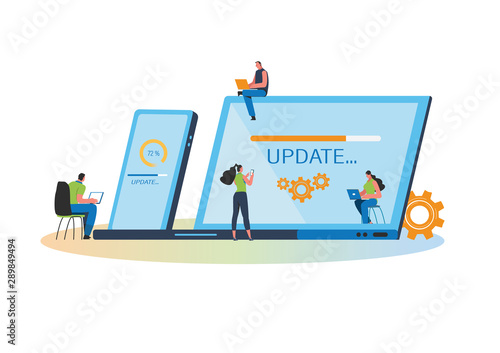 System updates with people updating operation in computing and installation programs. Flat vector illustration modern character design. For a landing page, banner, flyer, poster, web page.