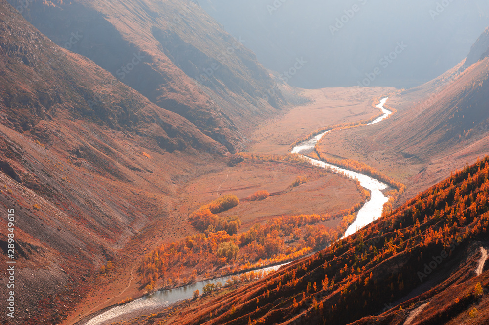 Autumn landscape of Chulyshman river gorge in Altai mountains, Siberia, Russia