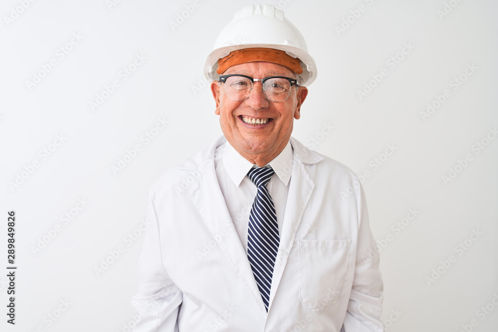Senior grey-haired engineer man wearing coat and helmet over isolated white background with a happy and cool smile on face. Lucky person. Senior grey-haired engineer man wearing coat and helmet over isolated white background with a happy and cool smile on face. Lucky person.