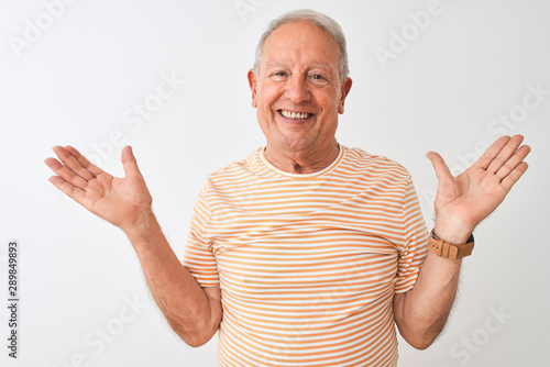 Senior grey-haired man wearing striped t-shirt standing over isolated white background smiling showing both hands open palms, presenting and advertising comparison and balance
