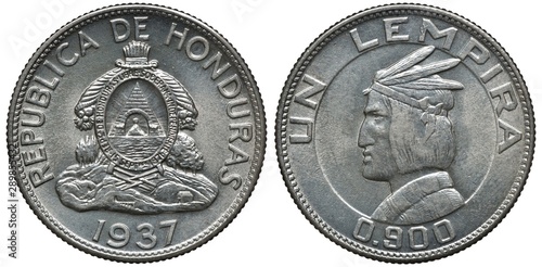 Tablou pe pânză Honduras Honduran silver coin 1 one lempira 1937, arms in center, date below, bu