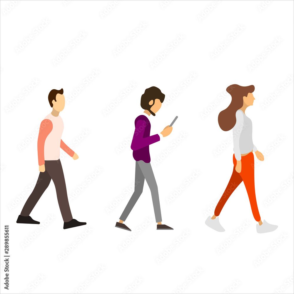 Set of walking people on an isolated white background Set of walking people on an isolated white background