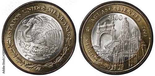 Mexico Mexican bimetallic coin 100 one hundred pesos 2005, subject State of Aguascalientes, eagle on cactus with snake in beak, some old cathedral and gate,