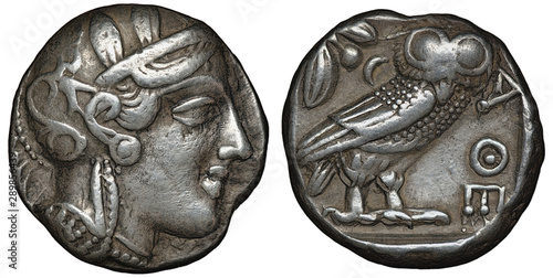 Illyria and Central Greece – Attica silver coin tetradrachm 454-404 BC, helmeted head of Athena right, olive sprig and crescent behind standing owl,  photo