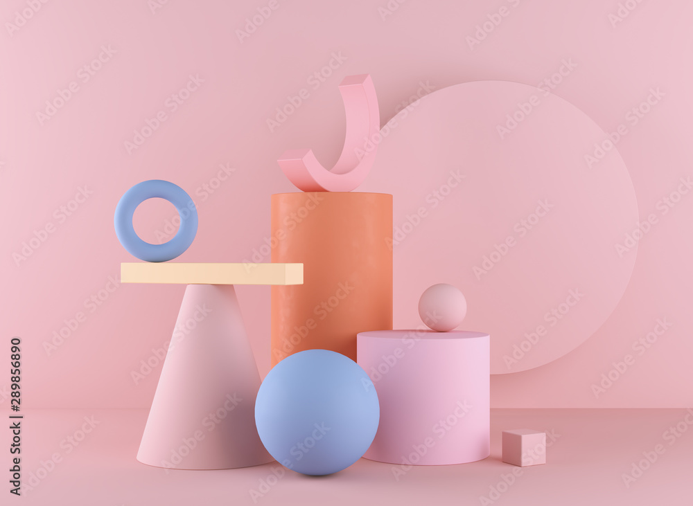 Minimal 3d rendering scene with podium and abstract background. Geometric shape in pastel colors. Minimal 3d rendering scene with podium and abstract background. Geometric shape in pastel colors.