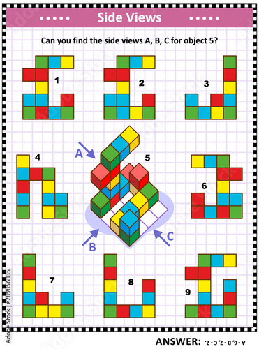 IQ, memory and spatial reasoning training educational math puzzle with building blocks: Can you find the side views A, B, C for object 5? Answer included.