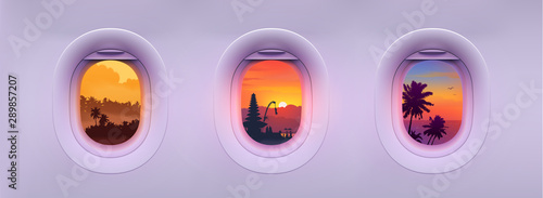 Fotografie, Obraz Airplane windows with tropical Bali island landmarks and palm trees colorful views