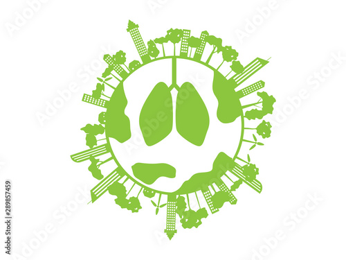 green healthy lung with green city and tree on world