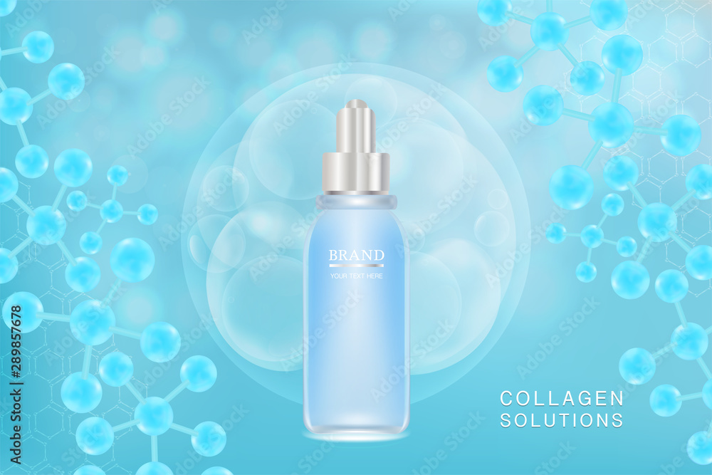 Beauty product ad design, blue cosmetic container with collagen solution advertising background ready to use, luxury skin care banner, illustration vector. Beauty product ad design, blue cosmetic container with collagen solution advertising background ready to use, luxury skin care banner, illustration vector.