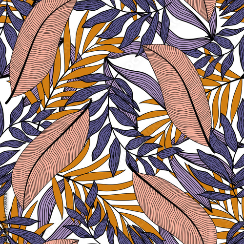 Tropical seamless pattern with yellow plants and leaves. Vector design, trend print. Beautiful exotic plants. Jungle leaf seamless vector floral pattern background. Colorful stylish floral.