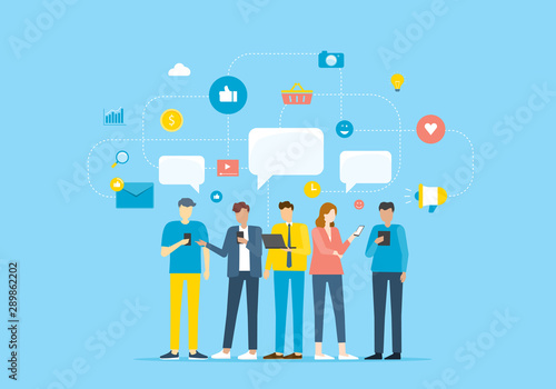 Group people Communicate by mobile application and contact to business by social network concept