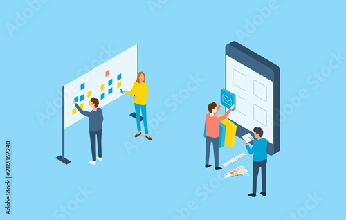 Flat design mobile application and web design development process concept and group business team working