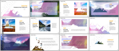 Presentations design, vector templates. Background for tourist camp, nature tourism, camping. Aadventure design concept. Multipurpose template for presentation slide, flyer leaflet, brochure cover.