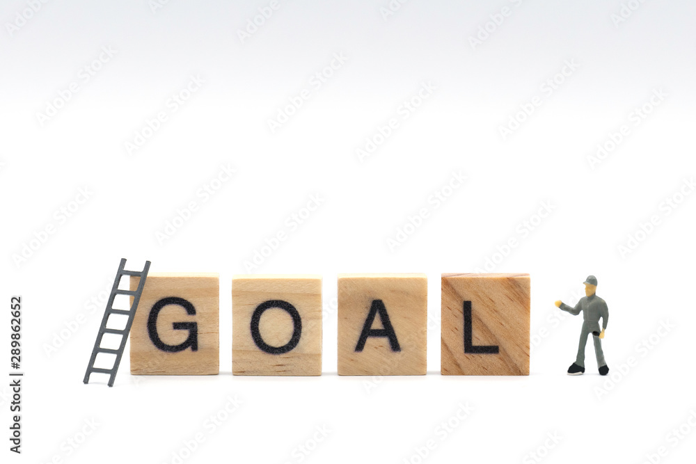 Small figure worker showing ladder and text Small figure worker showing ladder and text