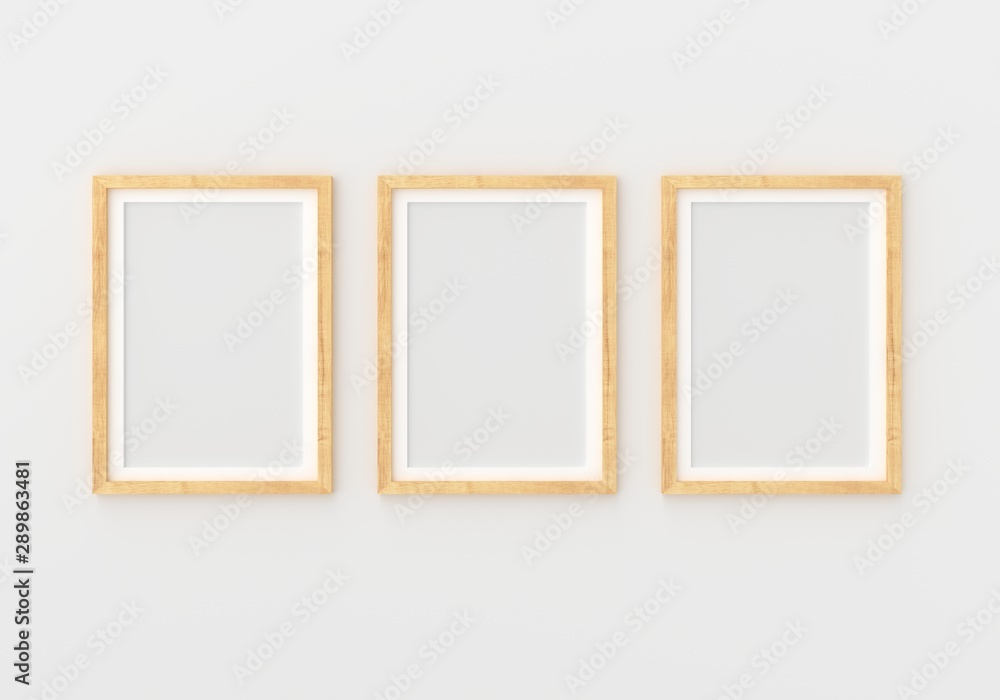 Three empty photo frame for mockup in empty white room, 3D render, 3D illustration Three empty photo frame for mockup in empty white room, 3D render, 3D illustration