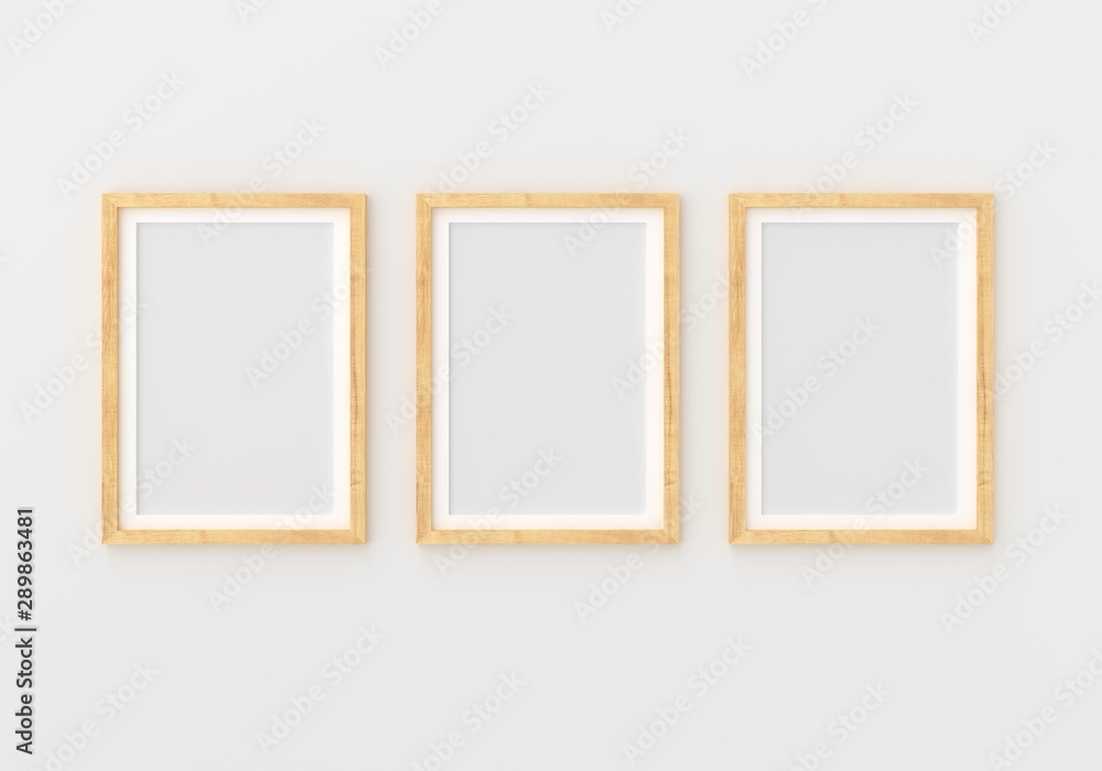 Three empty photo frame for mockup in empty white room, 3D render, 3D illustration