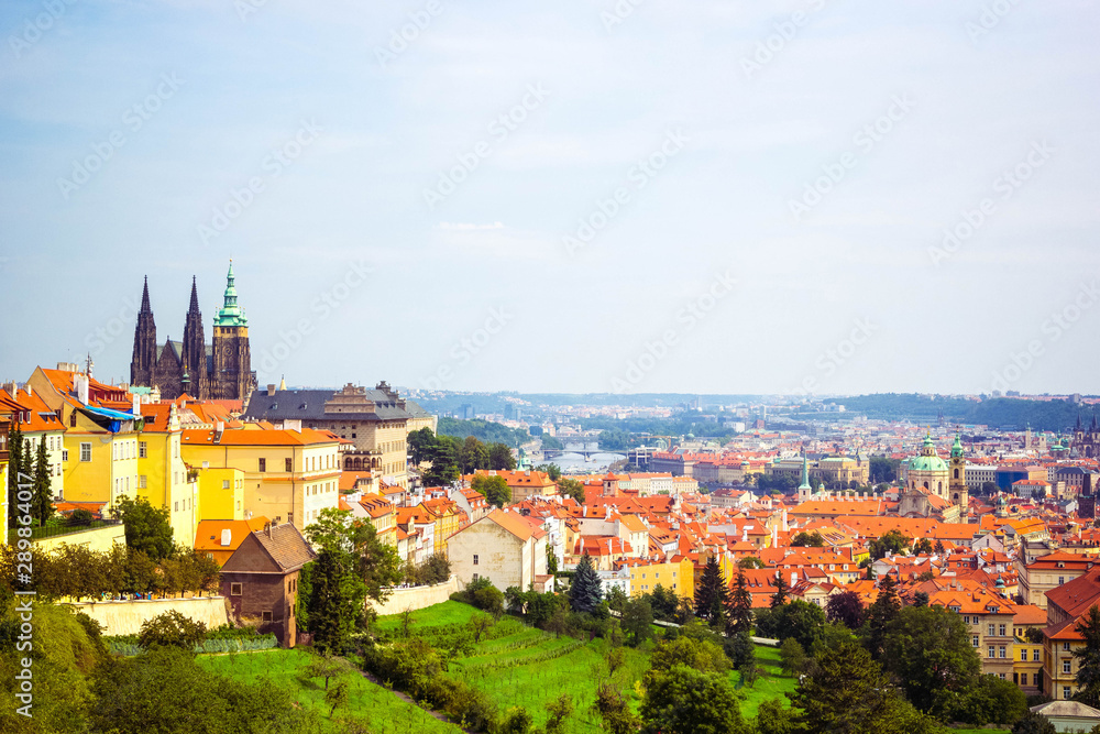 Panoramic view of Prague (Prague Castle, St. Vitus Cathedral) from Petrin hill.  Beautiful summer landscape with blooming gardens, Prague, Czech Republic