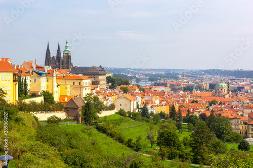 Panoramic view of Prague (Prague Castle, St. Vitus Cathedral) from Petrin hill. Beautiful summer landscape with blooming gardens, Prague, Czech Republic